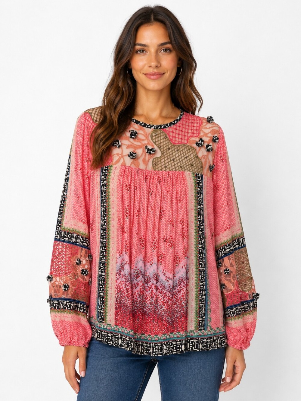 Bhanu by Jyoti Pink Boho Embellished Tunic Top Small Embroidered Lace